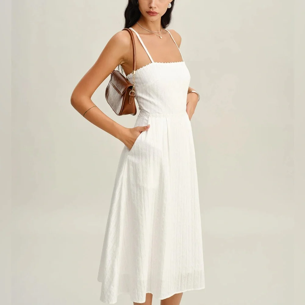 Rihoas White Pocket A-Line Slip Midi Dress - Picture 1 of 9